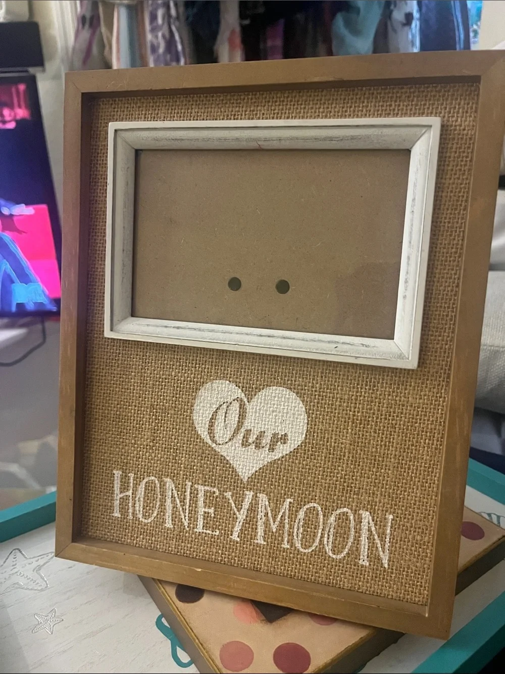 Rustic Honeymoon Burlap Picture Frame in Brown and White